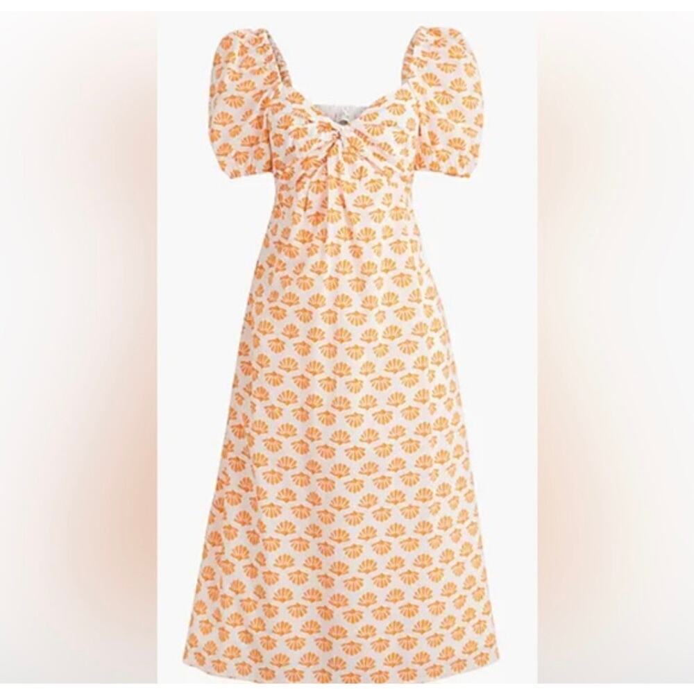 J. Crew Painted Seashell Midi Dress Puff Sleeve Sweetheart Cotton Yellow BR904